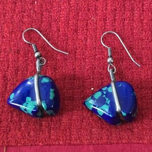 Blue Azurite Sterling Silver Dangle Earrings Carved Bears Vintage